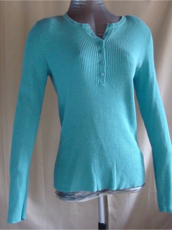 Moda Sweaters - Moda Teal Ribbed Henley Scoop Neck Sweater